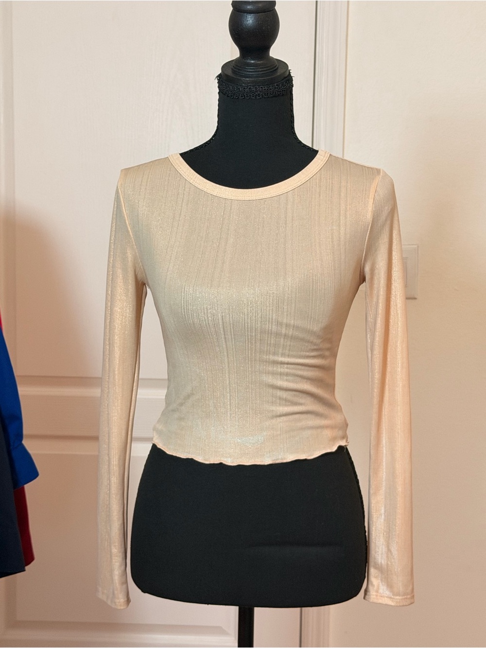 Forever 21 Sheer Ribbed Long Sleeve Top Beige Fitted Y2K